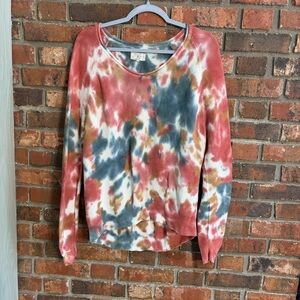 Lou & Grey womens tie dye thermal knit high low pull over sweatshirt blue XS